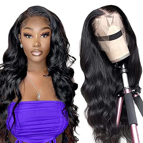 13x4 HD Transparent Lace Front Wigs Human hair Pre Plucked 180 Density Brazilian Body Wave Frontal Wigs Human Hair with Baby Hair Natural Hairline Natural Black Color 24 Inch