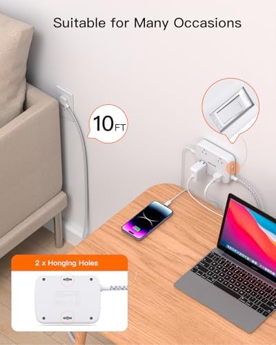 10FT Surge Protector Power Strip, Flat Extension Cord with 2 USB C, Flat Plug Power Strip, 4 Widely Outlets and 4 USB Charging Ports, Outlet Extender, 900 Joules, for Home Office Dorm Room Essentials