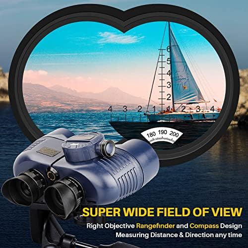 10x50 Marine Binoculars with Compass for Adults - Waterproof BAK4 Prism FMC Lens Binoculars with Rangefinder Compass and Shoulder Harness Strap for Navigation Hunting Bird Watching