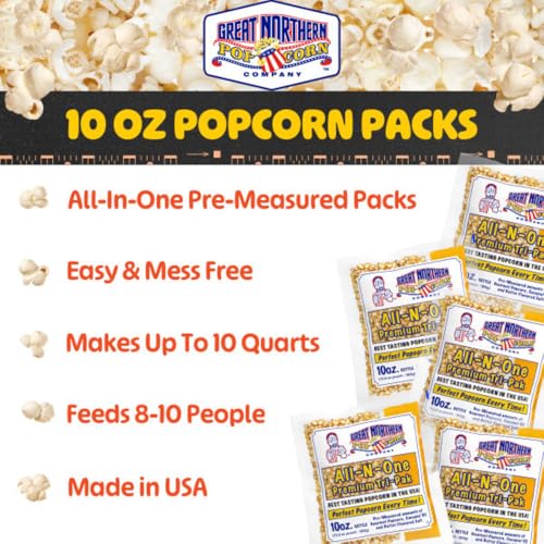 10oz Popcorn Machine Popcorn Packets - All-in-One Movie Theater Style Popcorn Kernels, Salt, and Oil Packs by Great Northern Popcorn (24 Case)