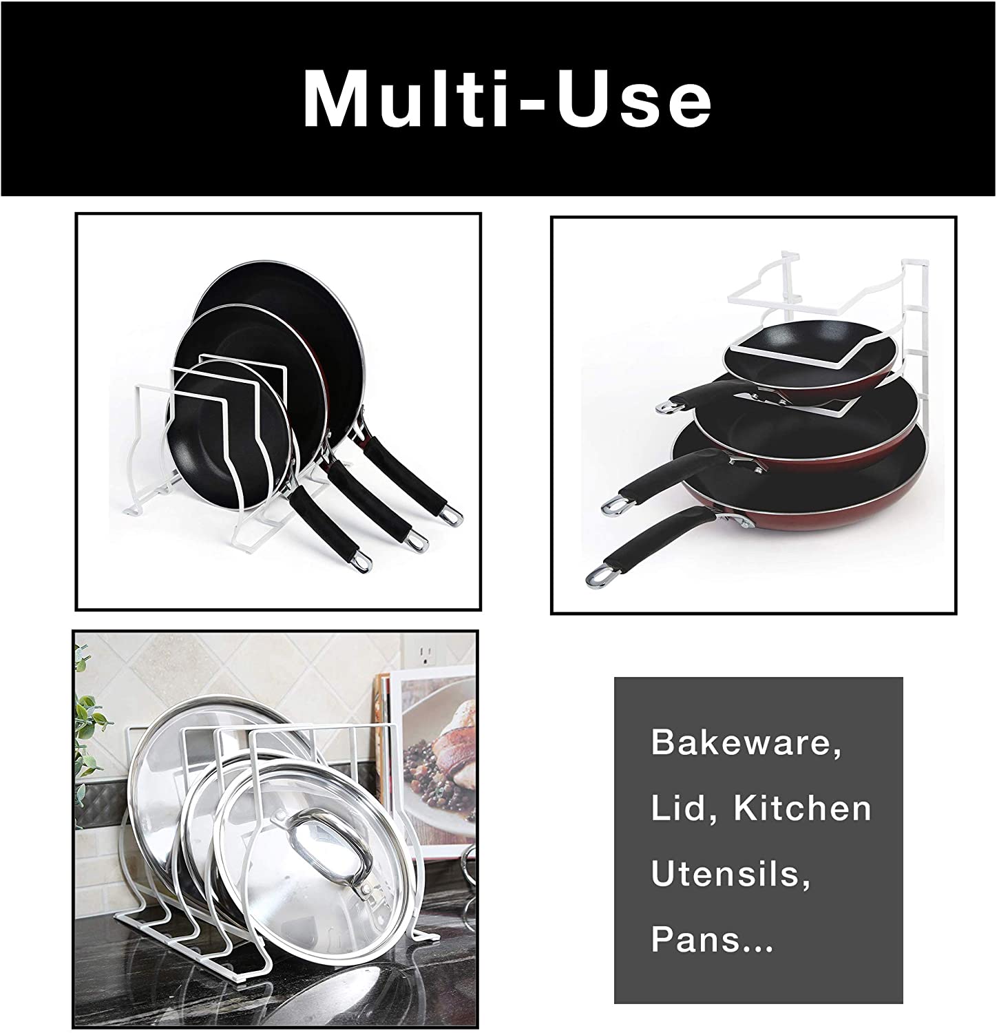 Heavy Duty Bakeware and Lid Storage Rack with 4-Compartments Dividers