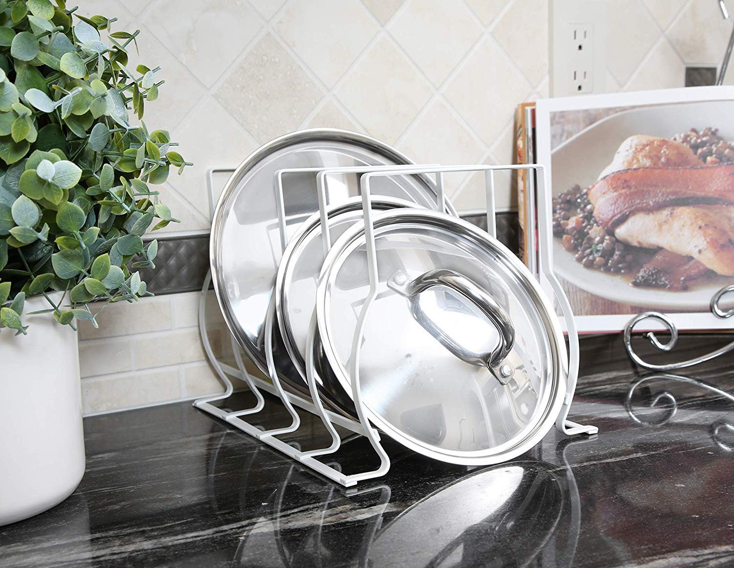 Heavy Duty Bakeware and Lid Storage Rack with 4-Compartments Dividers