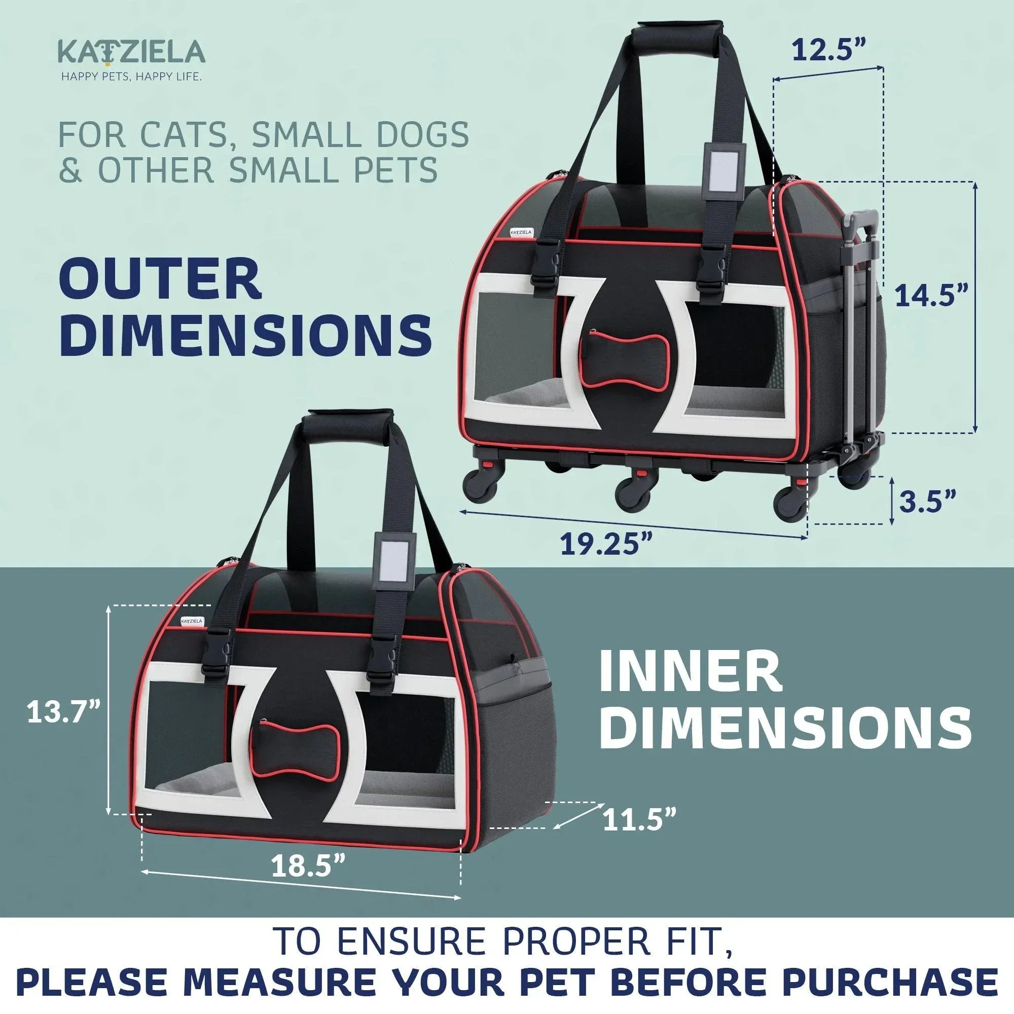 Katziela Bone Cruiser Pro Version Pet Carrier with Removable Wheels and Double Telescopic Handle