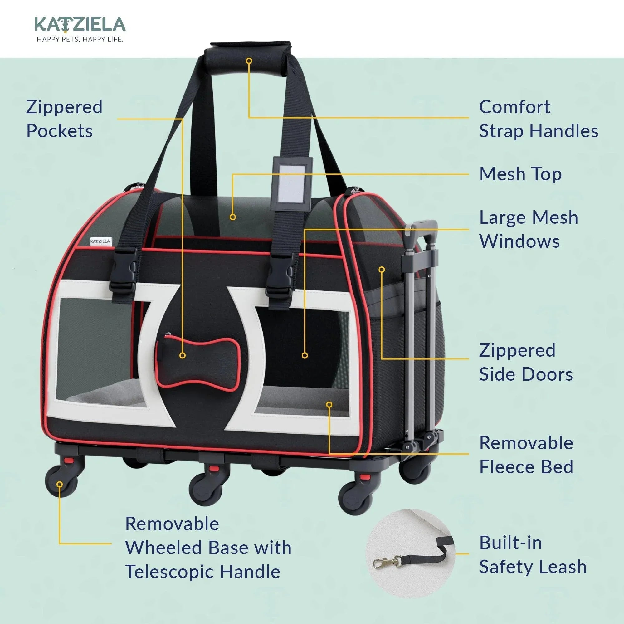Katziela Bone Cruiser Pro Version Pet Carrier with Removable Wheels and Double Telescopic Handle
