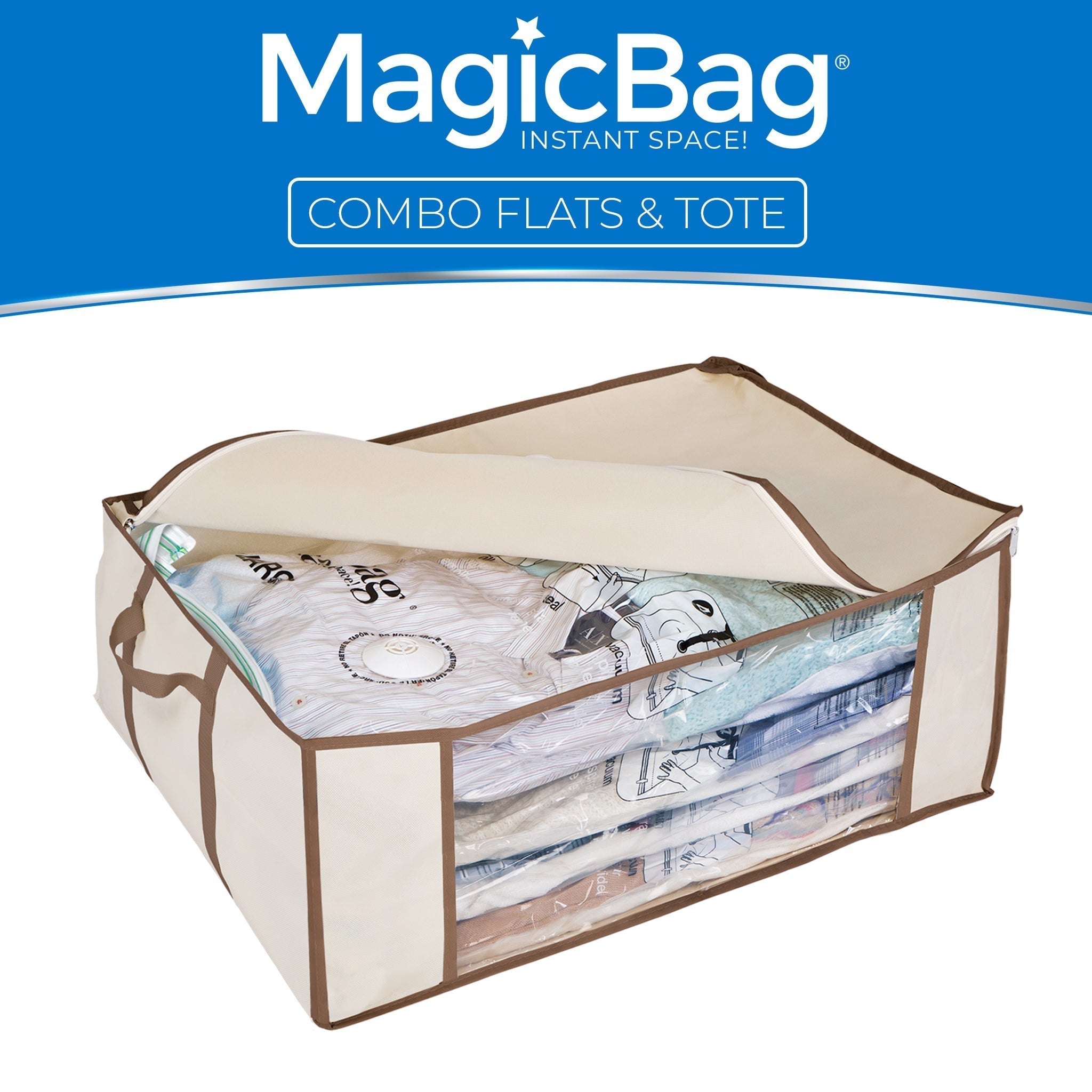 MagicBag™ Instant Space – 4 Large Flat Vacuum-Seal Storage Bags with Storage Tote
