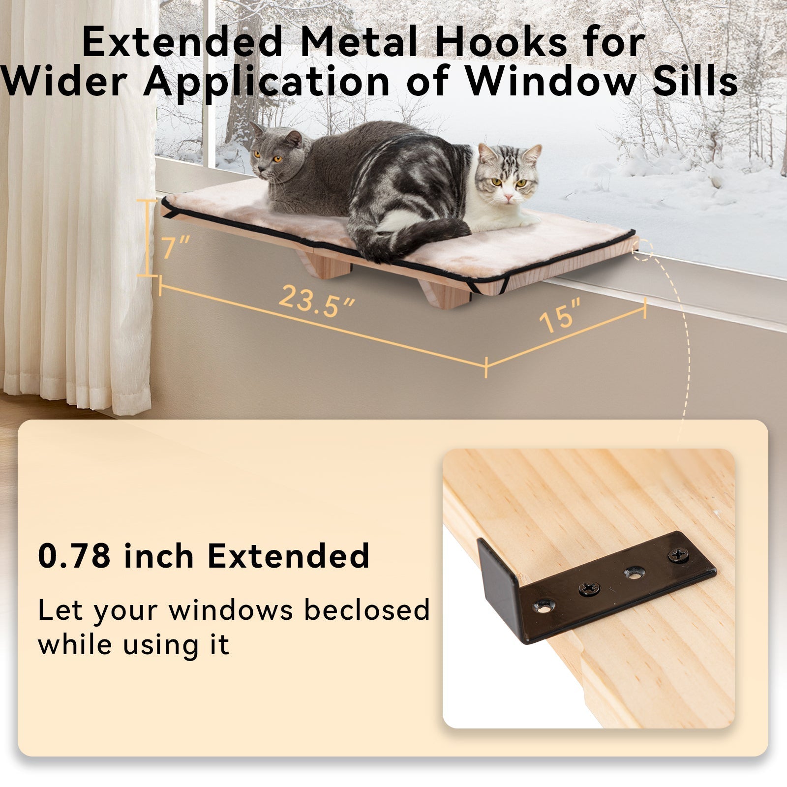PETSFIT Adjustable Cat Window Perch with Wood Frame & Removable Pads