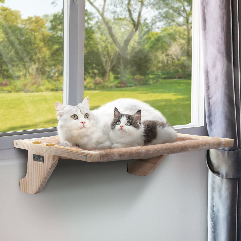 PETSFIT Adjustable Cat Window Perch with Wood Frame & Removable Pads