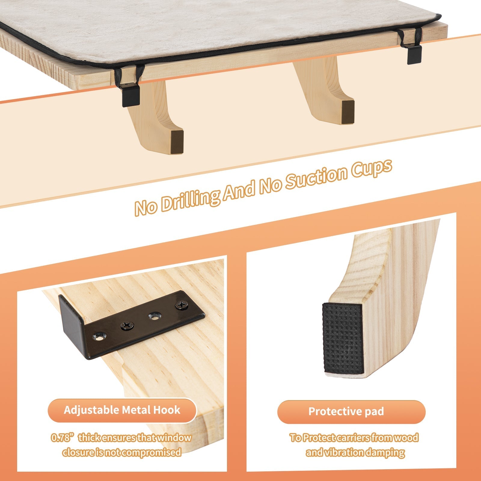 PETSFIT Adjustable Cat Window Perch with Wood Frame & Removable Pads