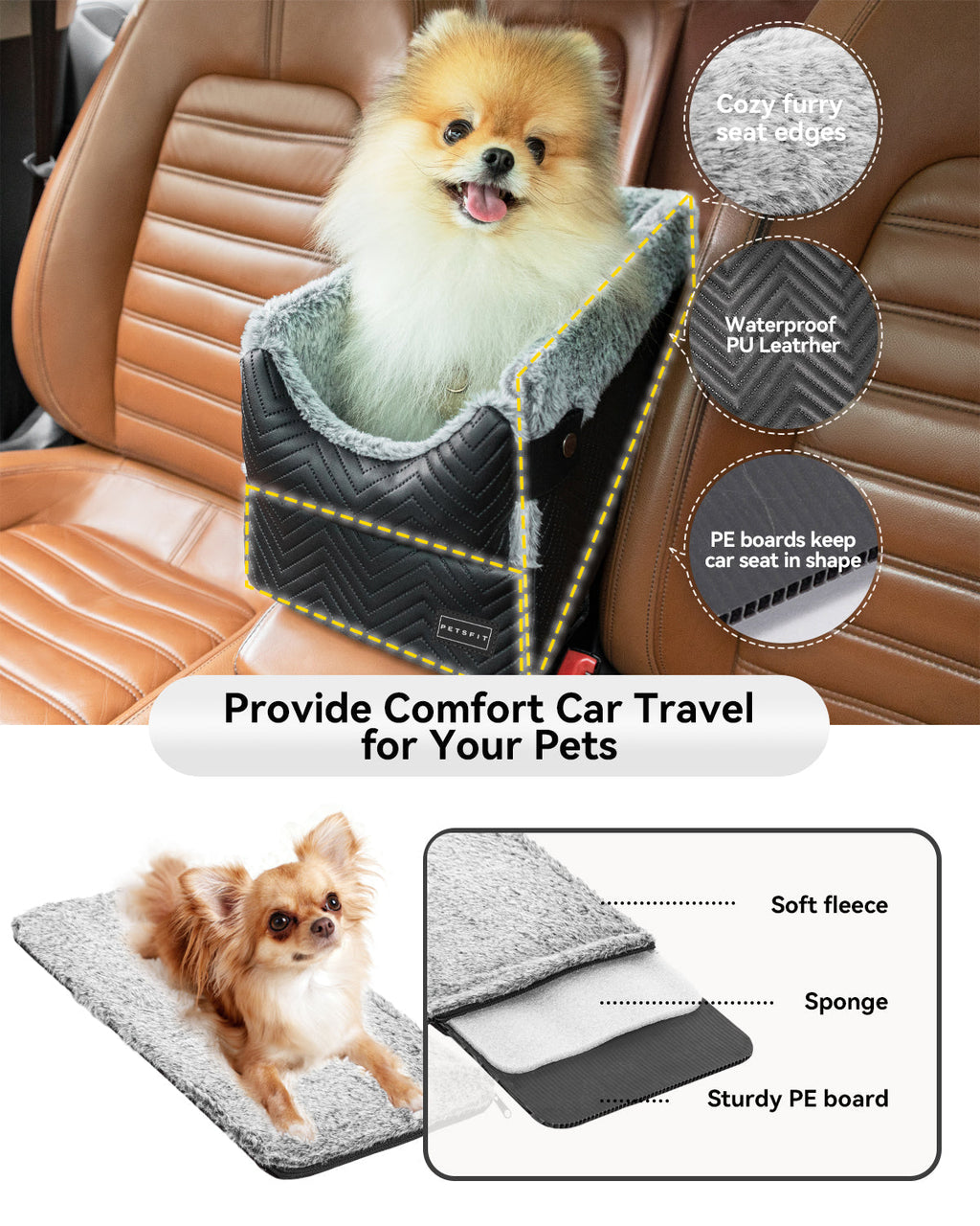PETSFIT Dog Car Seat Center Console Up to 9 Lbs Black