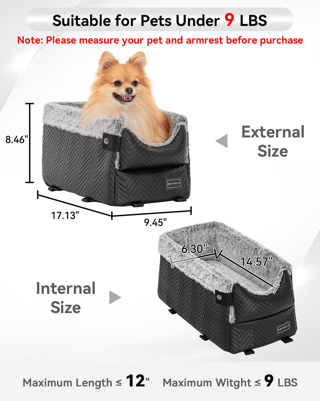 PETSFIT Dog Car Seat Center Console Up to 9 Lbs Black