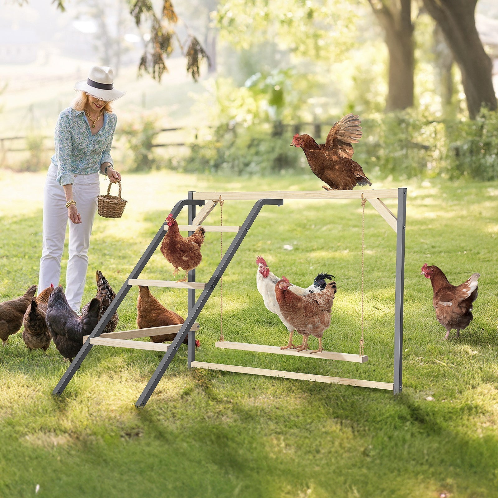 PETSFIT Wooden Chicken Perch with Swing – Durable Roosting Bar for Coops and Farms