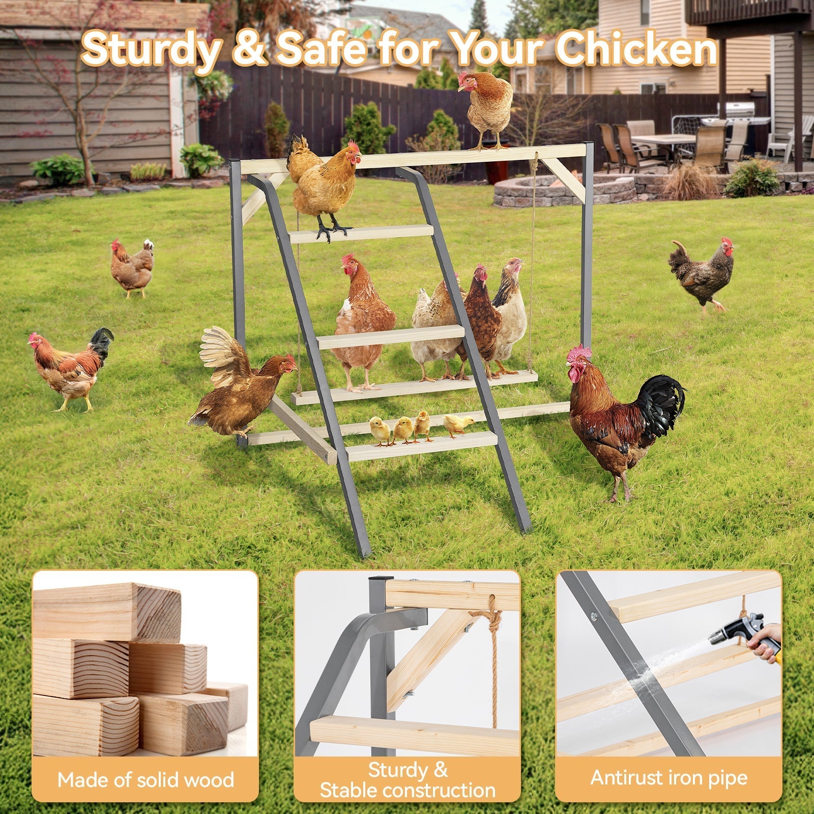 PETSFIT Wooden Chicken Perch with Swing – Durable Roosting Bar for Coops and Farms