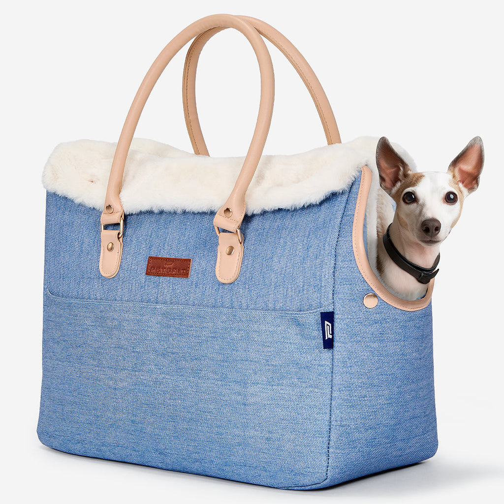 PETSFIT Vira Blazer Denim Pet Tote with White Sherpa Trim
