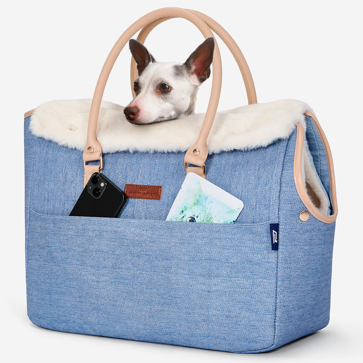 PETSFIT Vira Blazer Denim Pet Tote with White Sherpa Trim