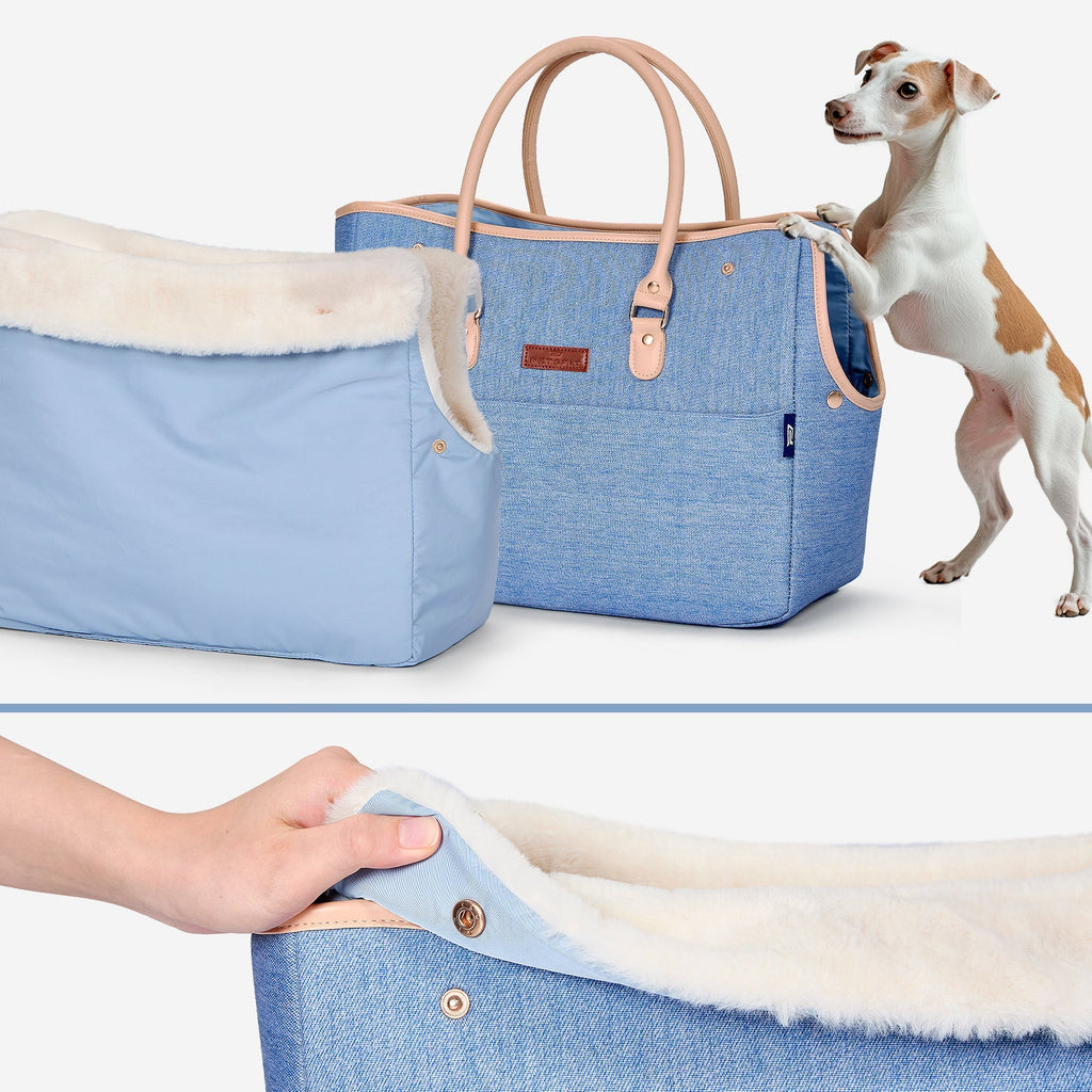 PETSFIT Vira Blazer Denim Pet Tote with White Sherpa Trim