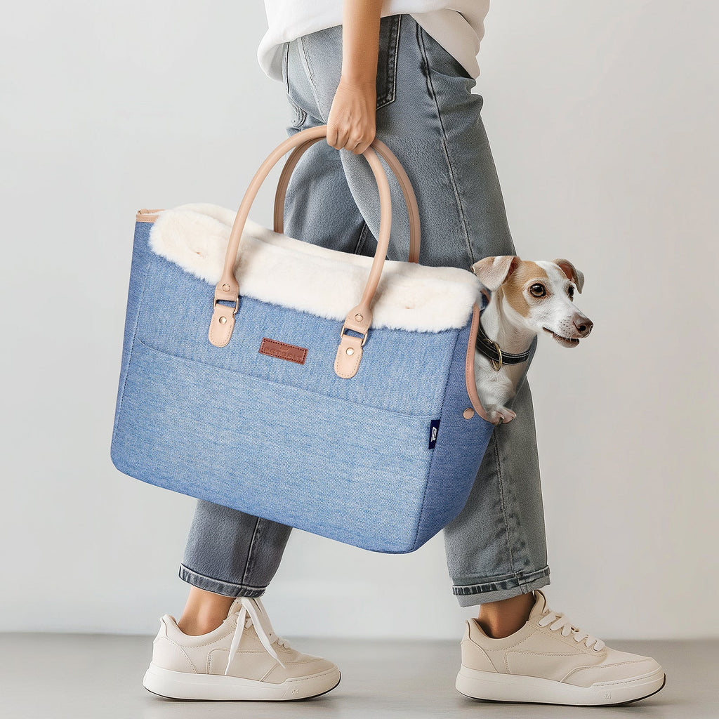 PETSFIT Vira Blazer Denim Pet Tote with White Sherpa Trim