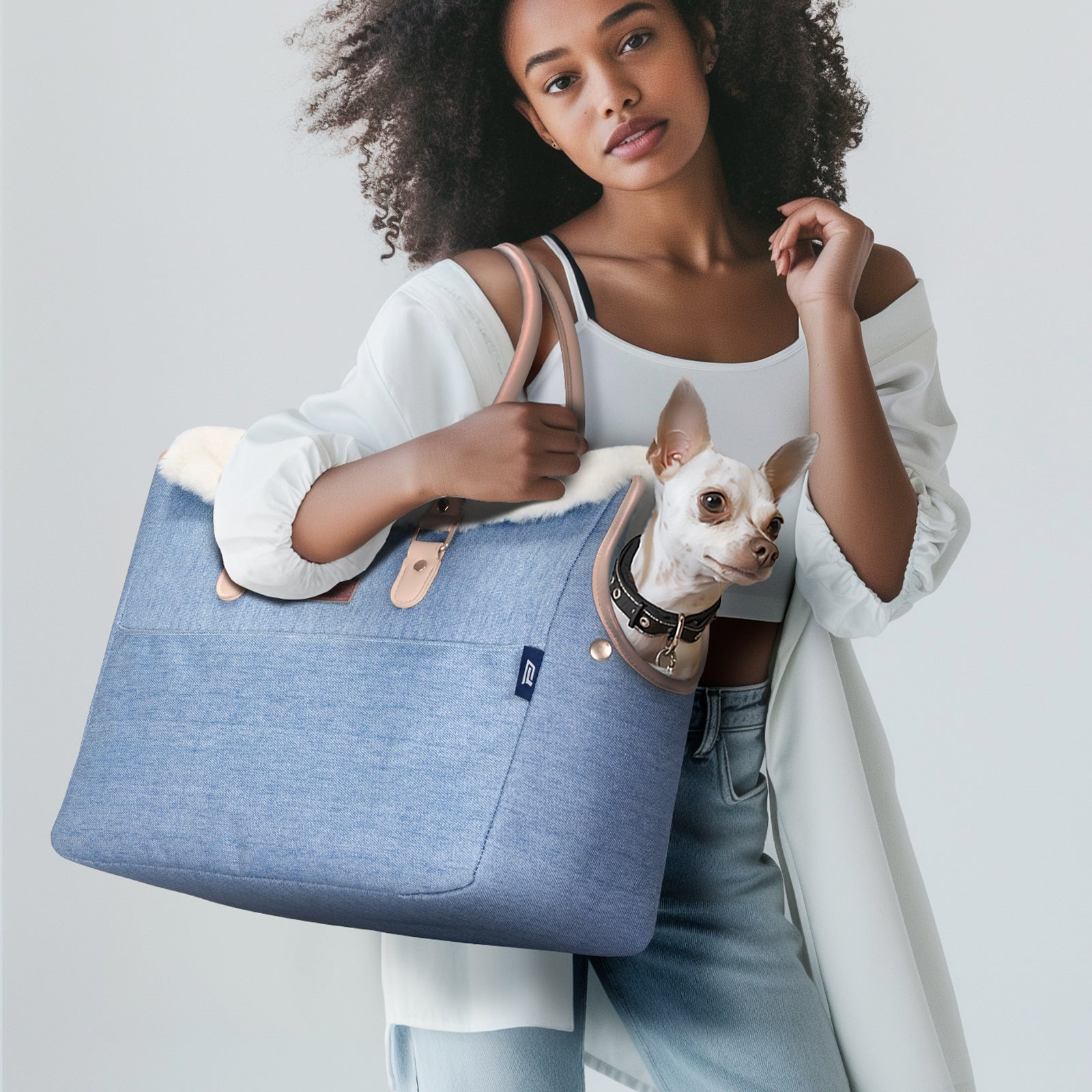 PETSFIT Vira Blazer Denim Pet Tote with White Sherpa Trim