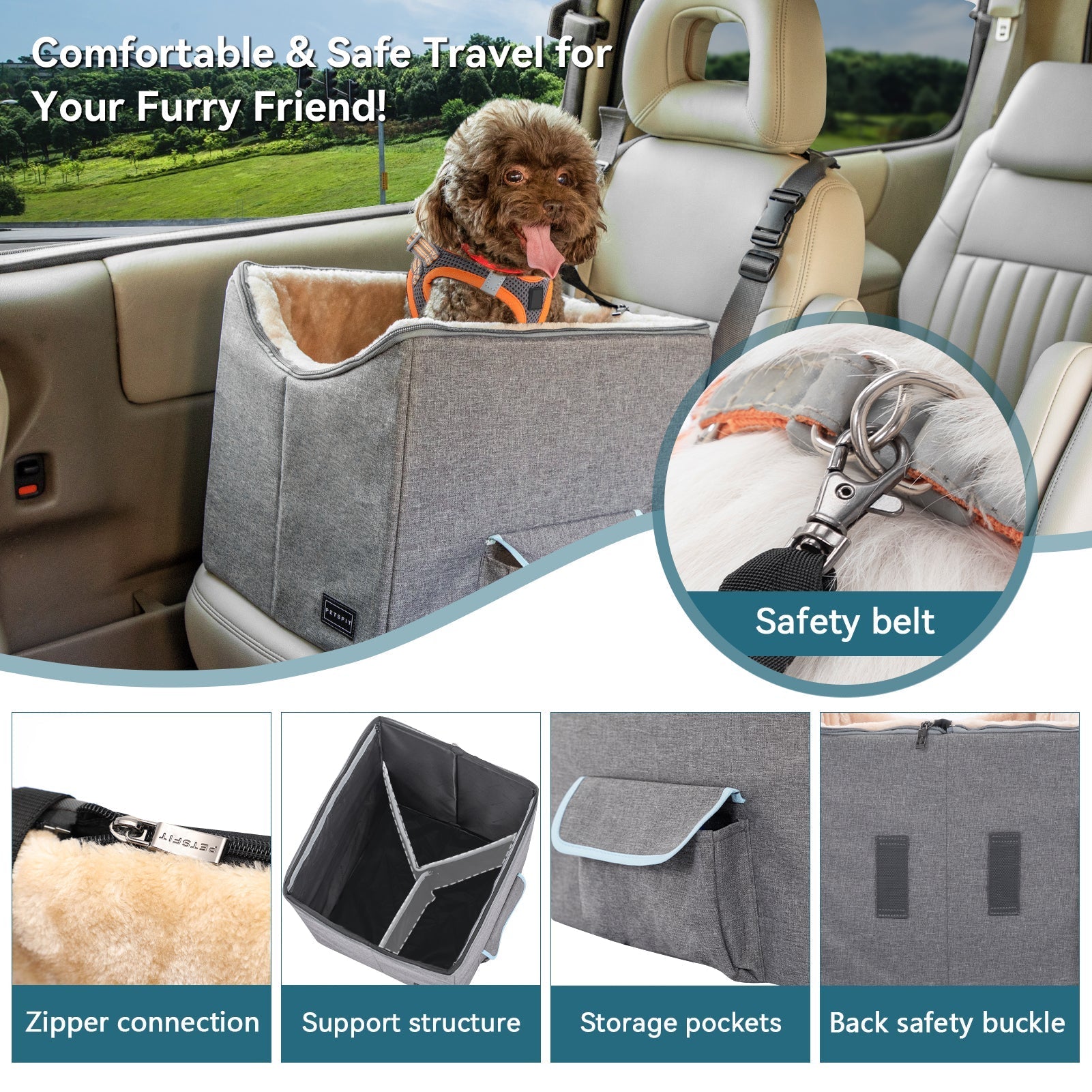 PETSFIT Dog Booster Car Seat For Pet Travel with Safety Belt