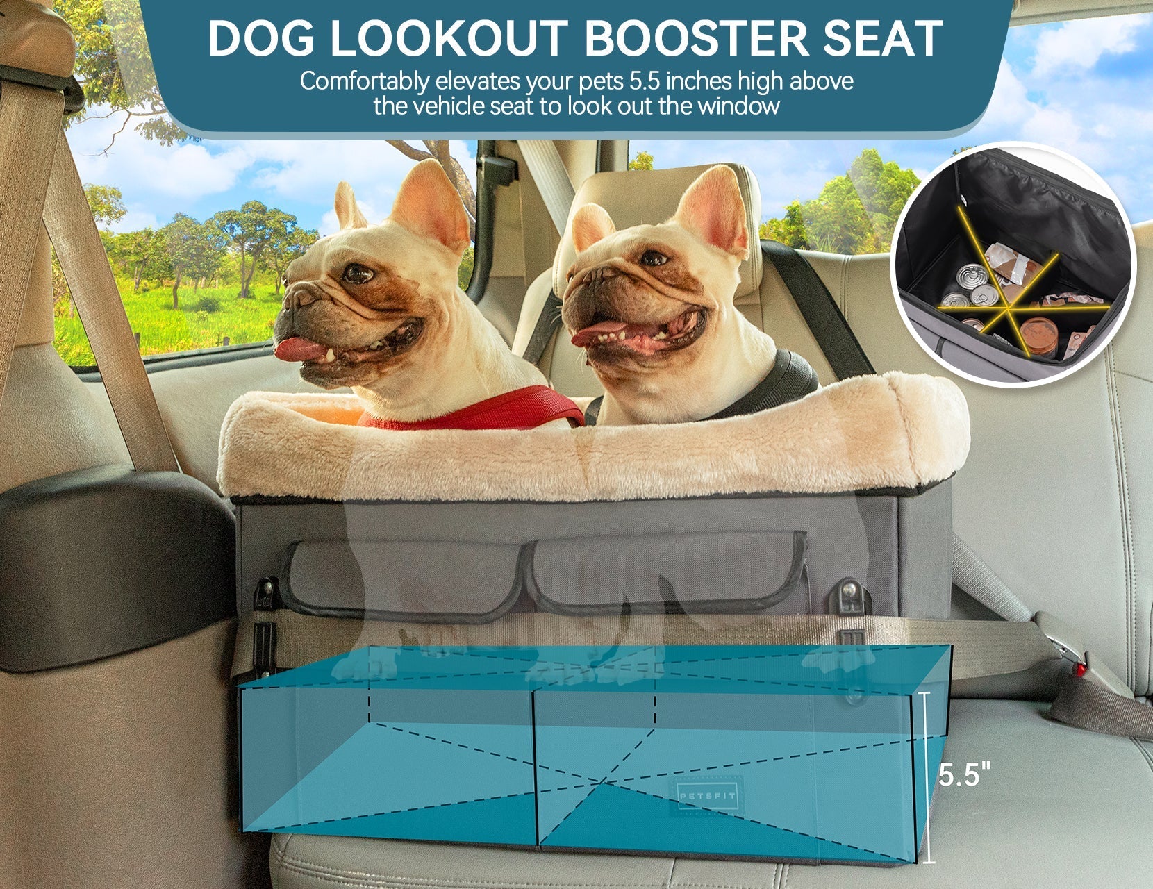 PETSFIT Dog Booster Car Seat For Dog Travel with Safety Belt