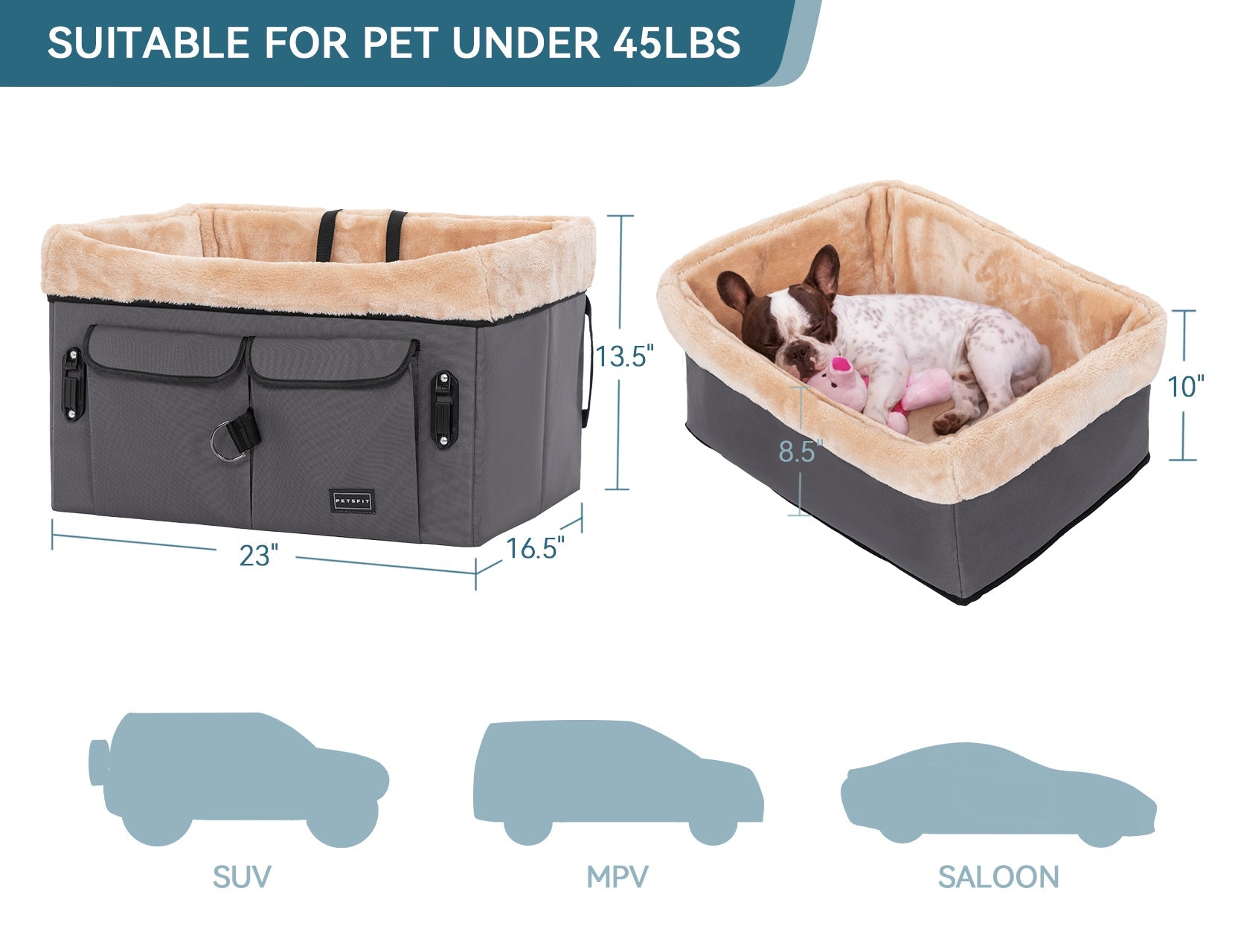 PETSFIT Dog Booster Car Seat For Dog Travel with Safety Belt