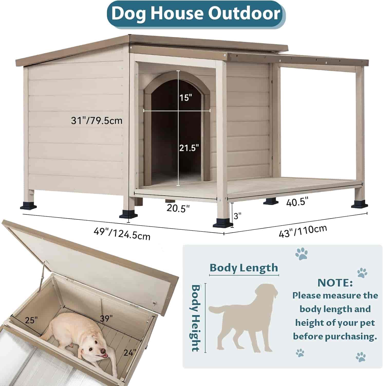 PETSFIT Luxury Outdoor Dog House For Large With Extra-Large Porch Cabin Style