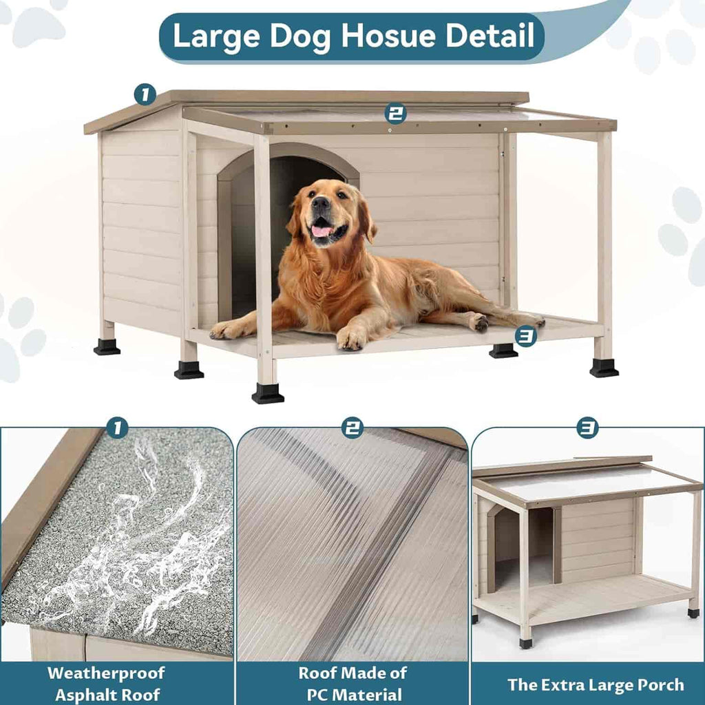 PETSFIT Luxury Outdoor Dog House For Large With Extra-Large Porch Cabin Style