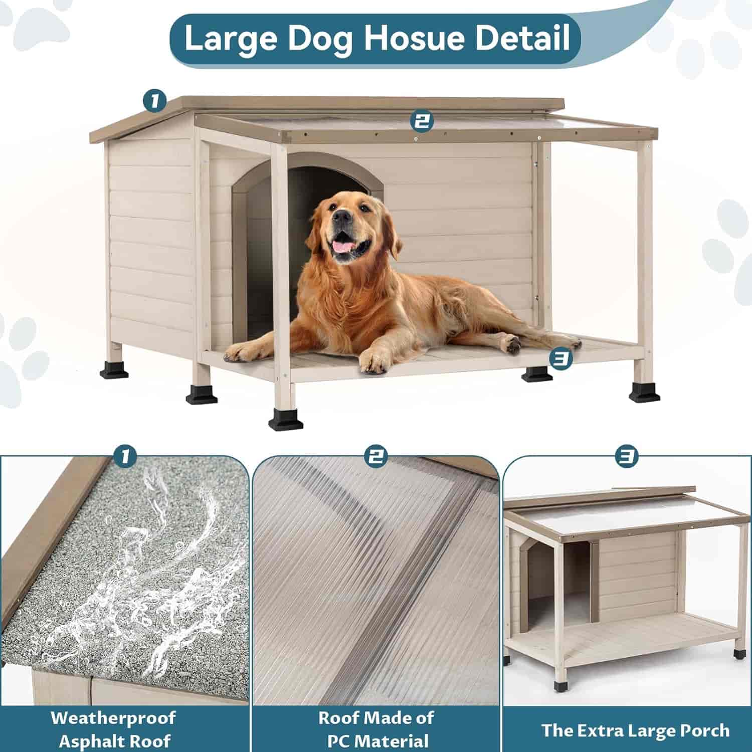 PETSFIT Luxury Outdoor Dog House For Large With Extra-Large Porch Cabin Style
