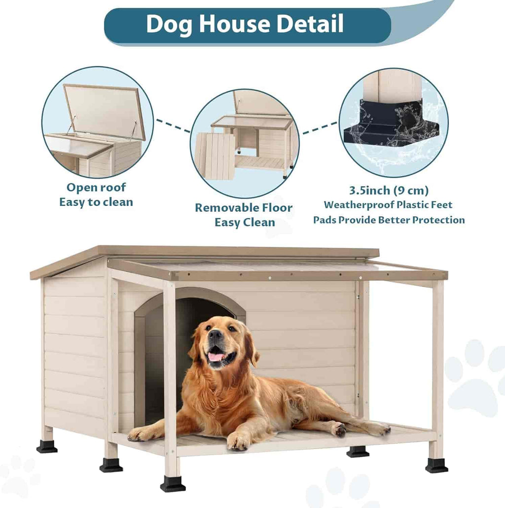 PETSFIT Luxury Outdoor Dog House For Large With Extra-Large Porch Cabin Style