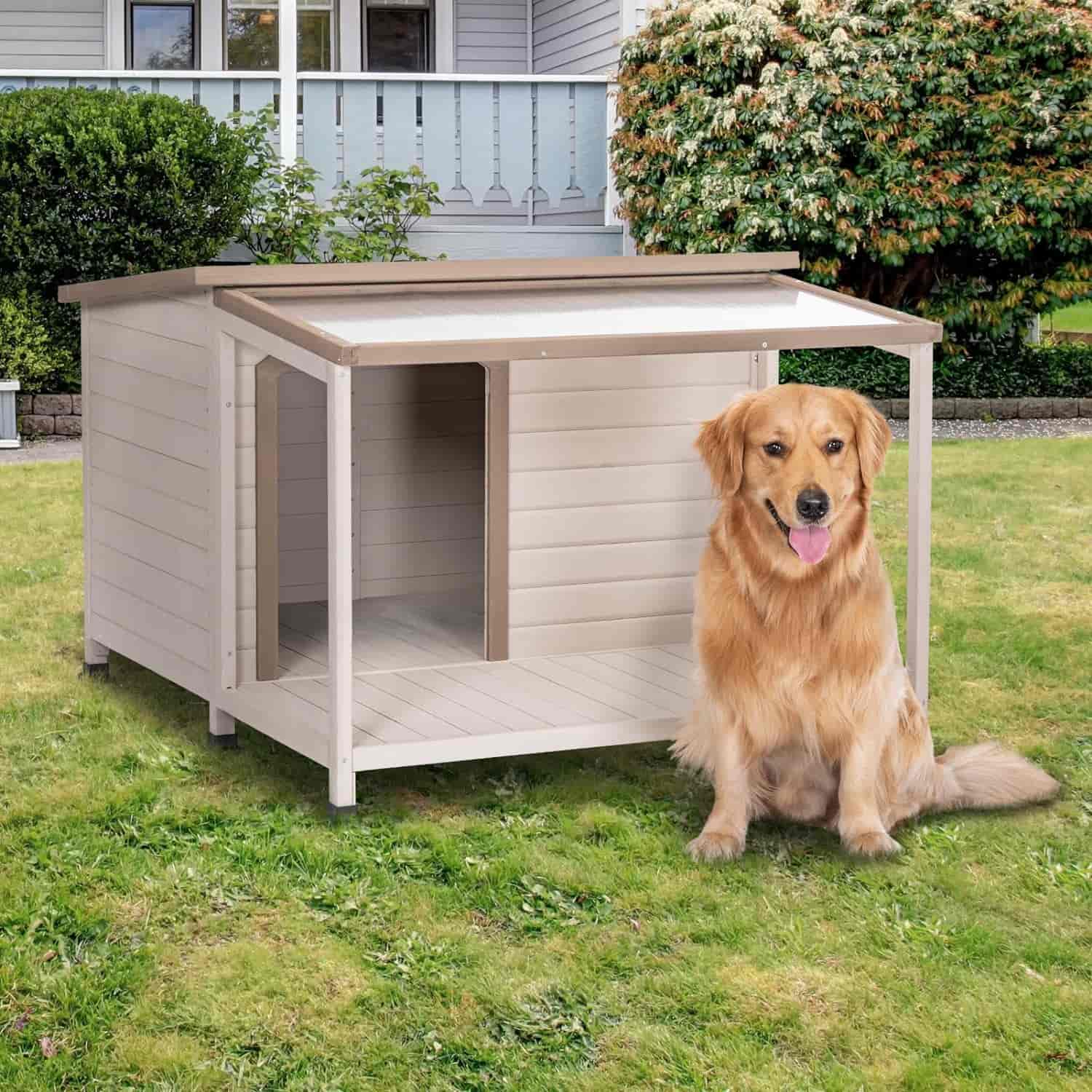 PETSFIT Luxury Outdoor Dog House For Large With Extra-Large Porch Cabin Style
