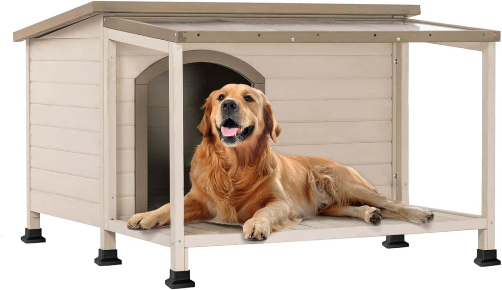PETSFIT Luxury Outdoor Dog House For Large With Extra-Large Porch Cabin Style