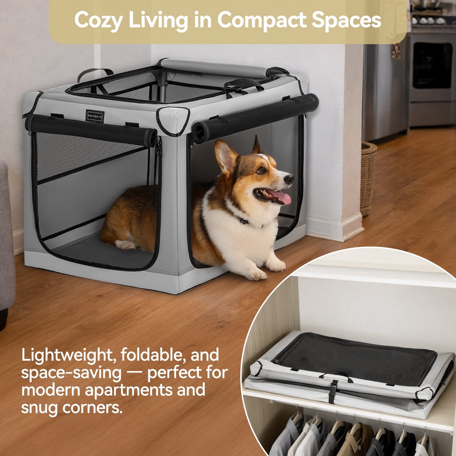 PETSFIT Portable Soft Collapsible Dog Crate Light Gray