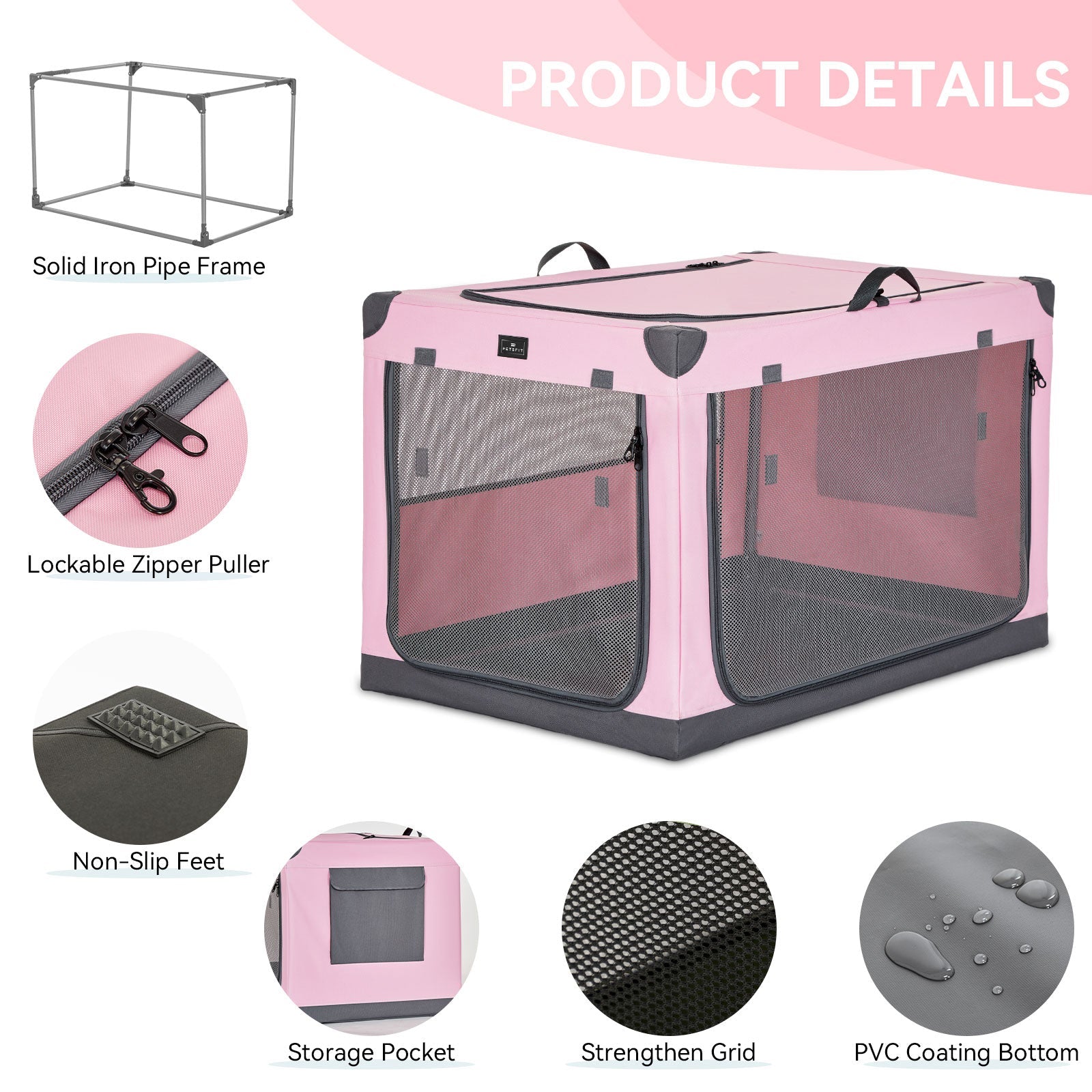PETSFIT Portable Soft Collapsible Dog Crate Pink
