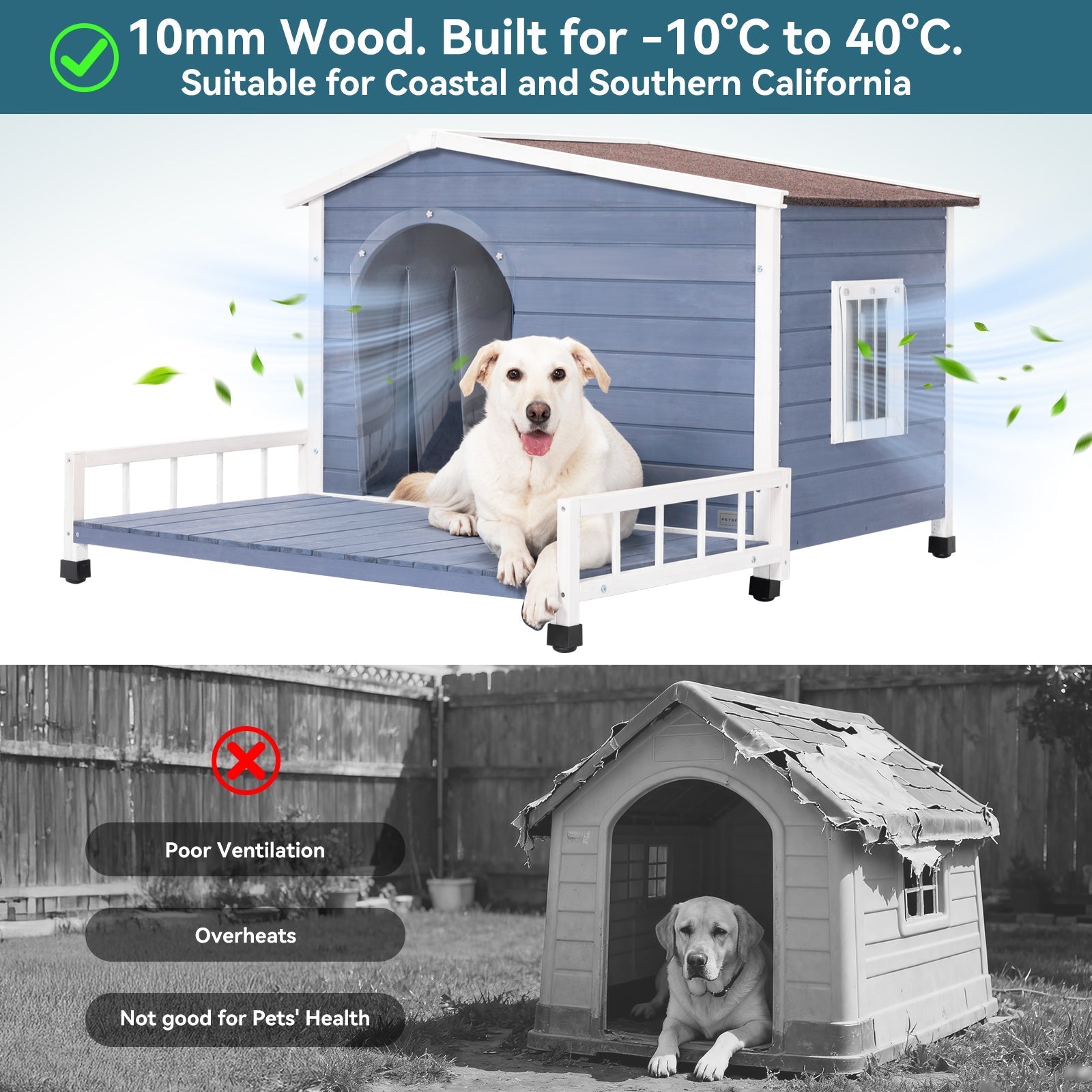 PETSFIT Weatherproof Dog House with Porch & Openable Asphalt Roof