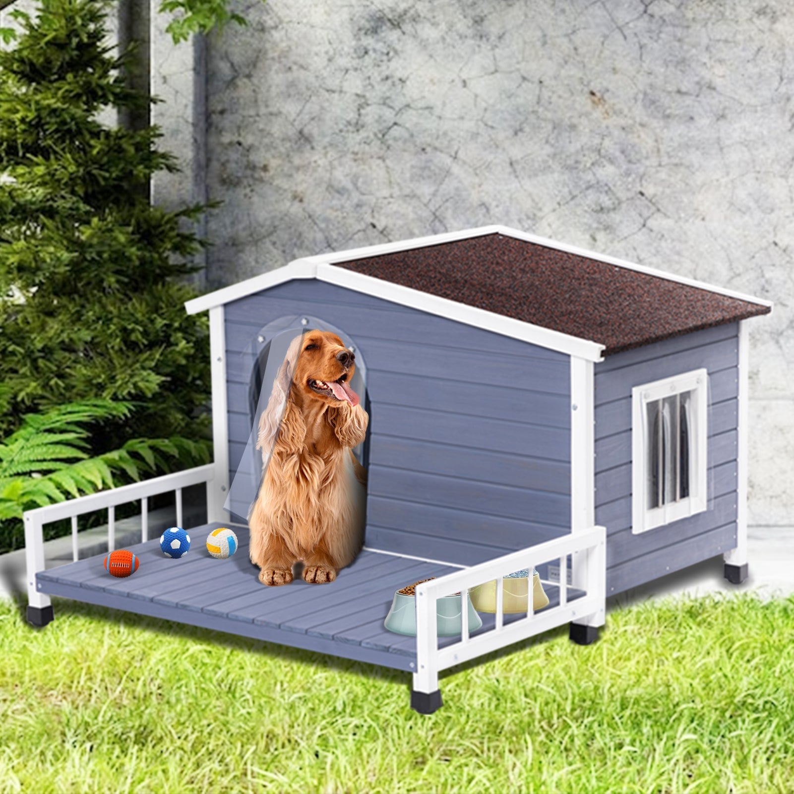 PETSFIT Weatherproof Dog House with Porch & Openable Asphalt Roof