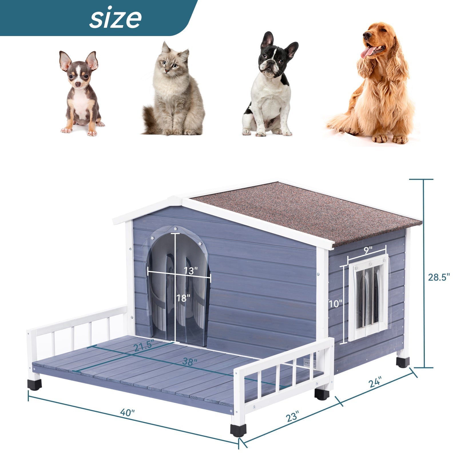 PETSFIT Weatherproof Dog House with Porch & Openable Asphalt Roof