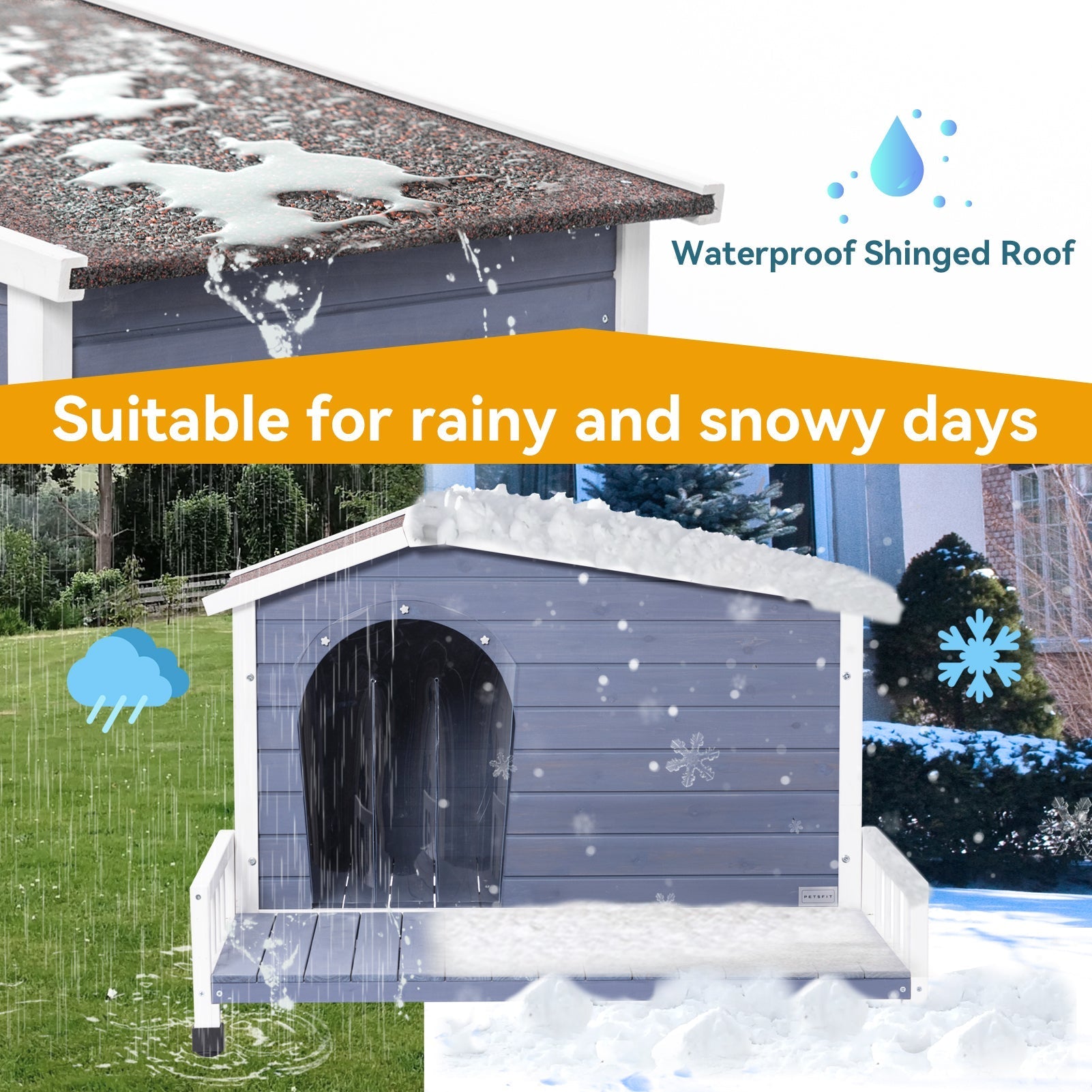 PETSFIT Weatherproof Dog House with Porch & Openable Asphalt Roof