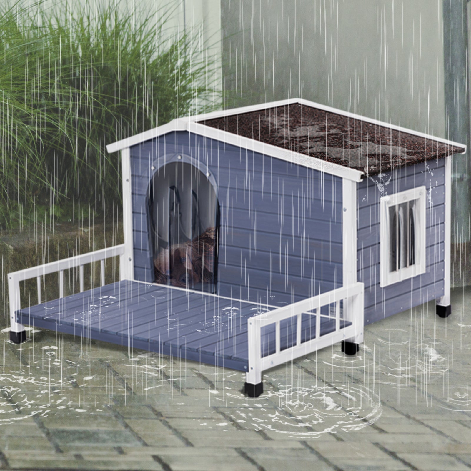 PETSFIT Weatherproof Dog House with Porch & Openable Asphalt Roof