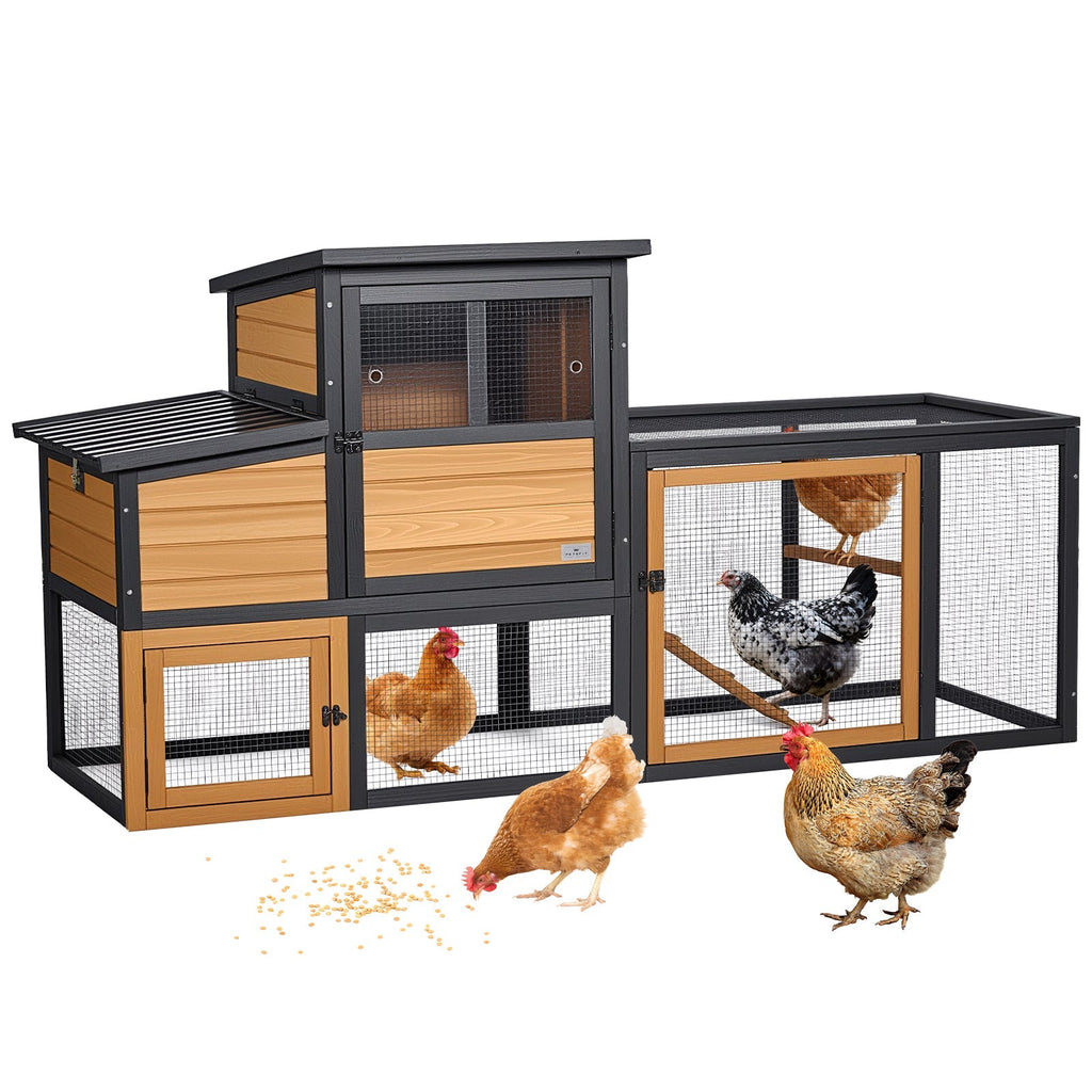 PETSFIT Wooden 2-Story Chicken Coop with Run, 2 Nesting Boxes，2 to 4 Chicken Capacity, Brown