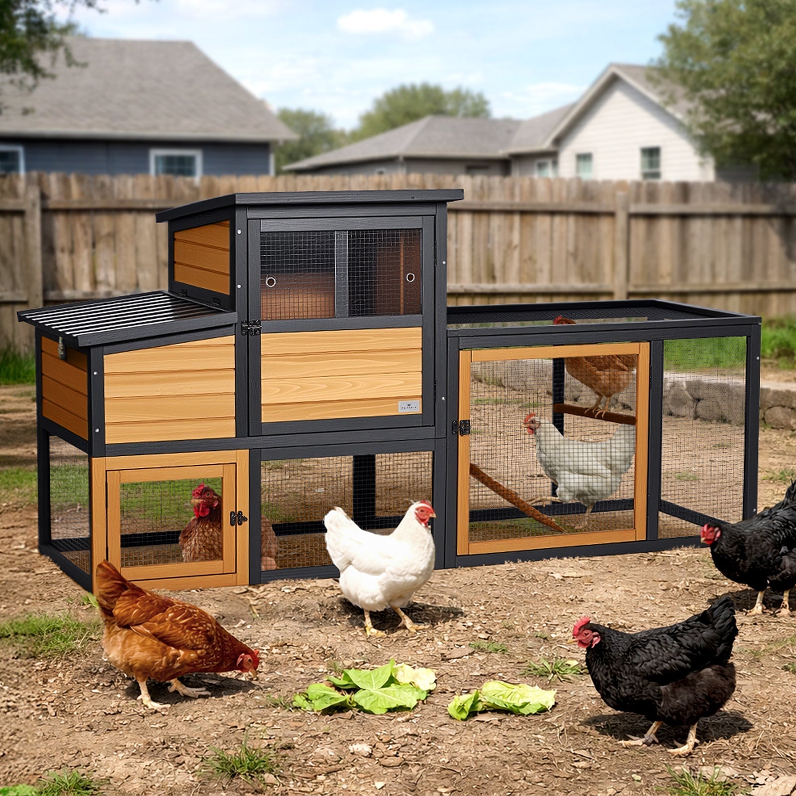 PETSFIT Wooden 2-Story Chicken Coop with Run, 2 Nesting Boxes，2 to 4 Chicken Capacity, Brown
