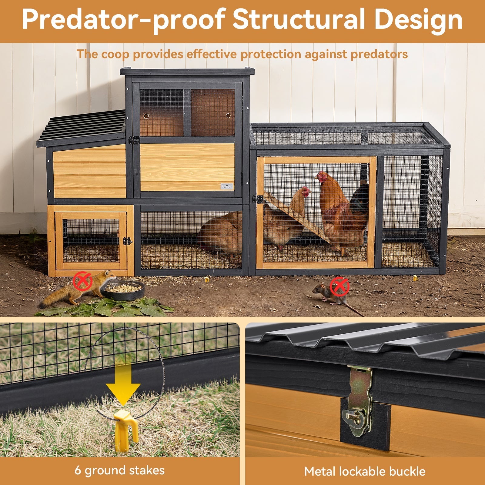 PETSFIT Wooden 2-Story Chicken Coop with Run, 2 Nesting Boxes，2 to 4 Chicken Capacity, Brown