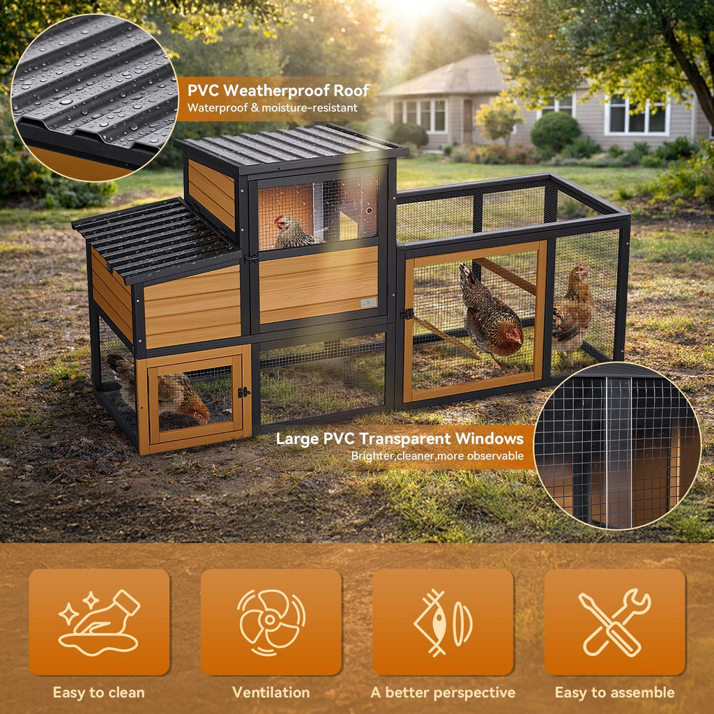 PETSFIT Wooden 2-Story Chicken Coop with Run, 2 Nesting Boxes，2 to 4 Chicken Capacity, Brown