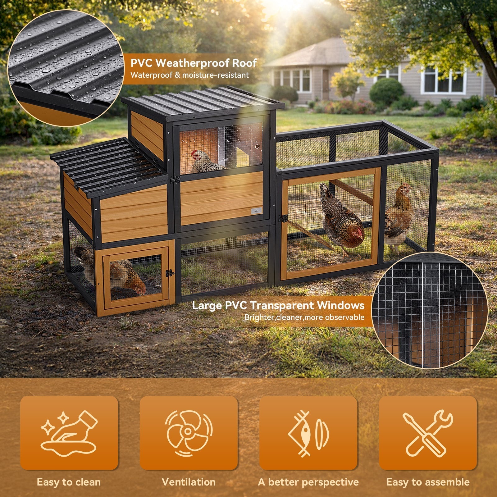 PETSFIT Wooden 2-Story Chicken Coop with Run, 2 Nesting Boxes，2 to 4 Chicken Capacity, Brown