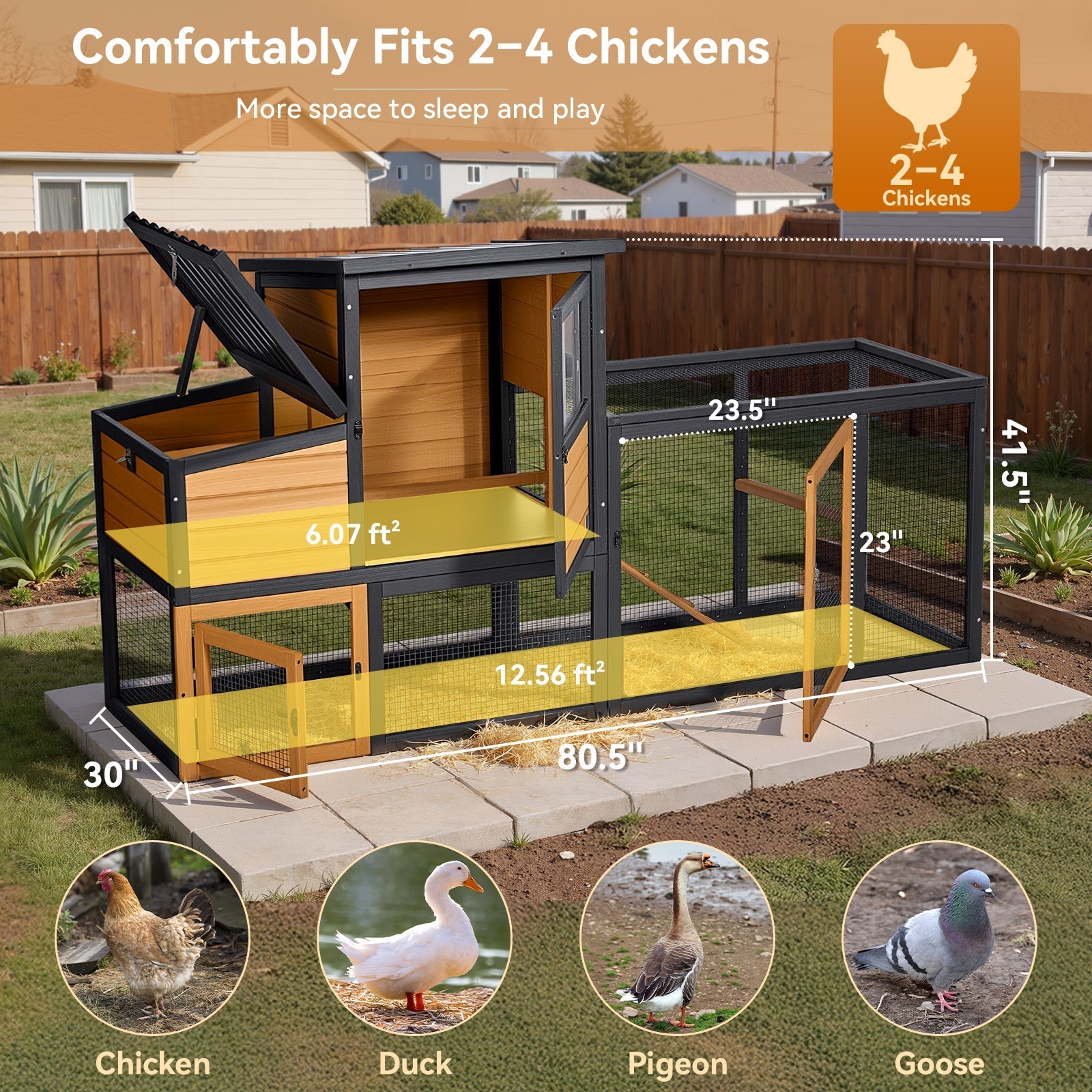 PETSFIT Wooden 2-Story Chicken Coop with Run, 2 Nesting Boxes，2 to 4 Chicken Capacity, Brown