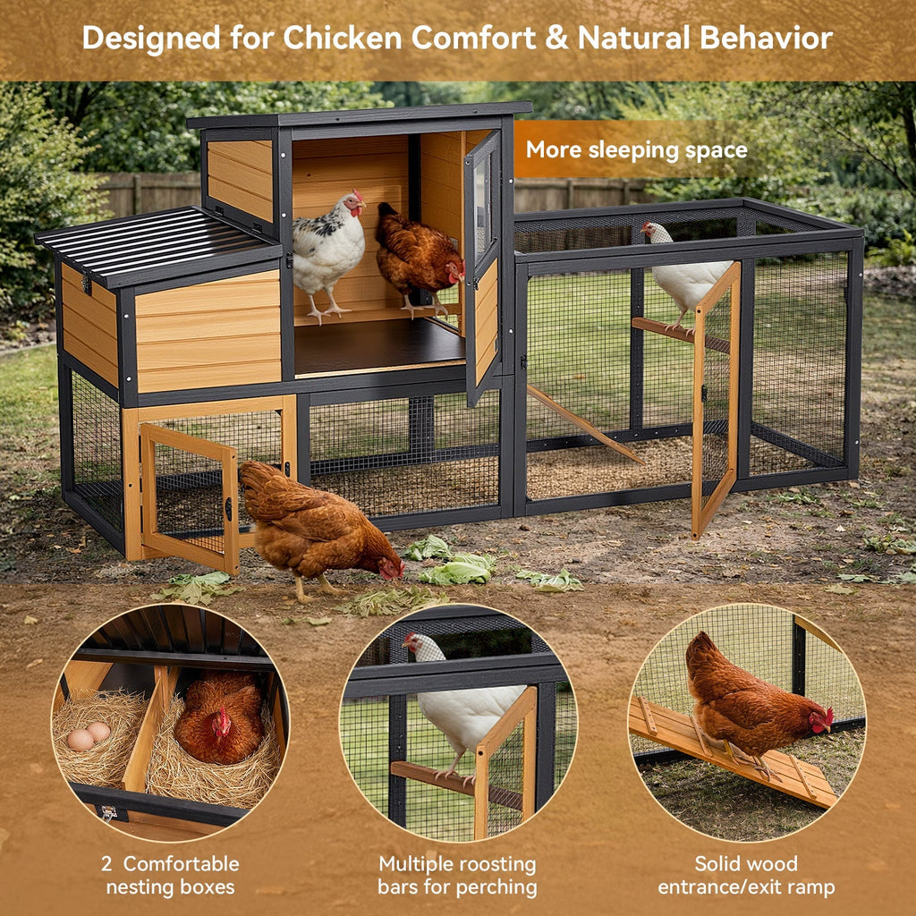 PETSFIT Wooden 2-Story Chicken Coop with Run, 2 Nesting Boxes，2 to 4 Chicken Capacity, Brown