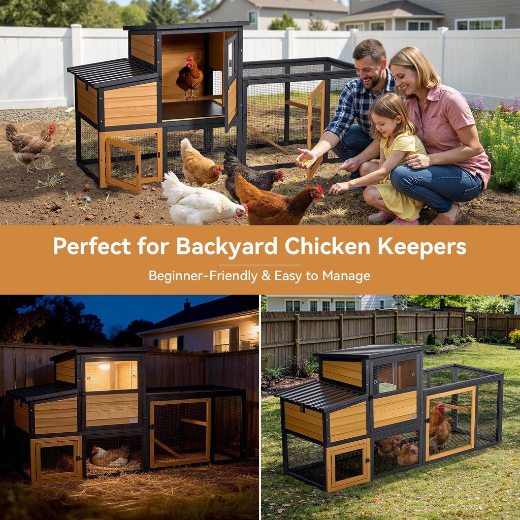PETSFIT Wooden 2-Story Chicken Coop with Run, 2 Nesting Boxes，2 to 4 Chicken Capacity, Brown
