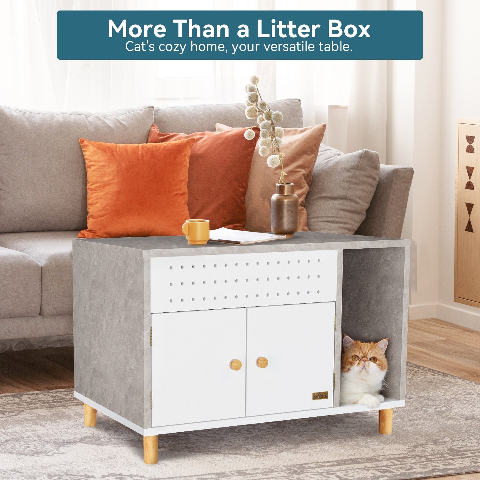 PETSFIT Litter Box Enclosure Stylish Furniture with Odor-Free Design  Storage Cabinet