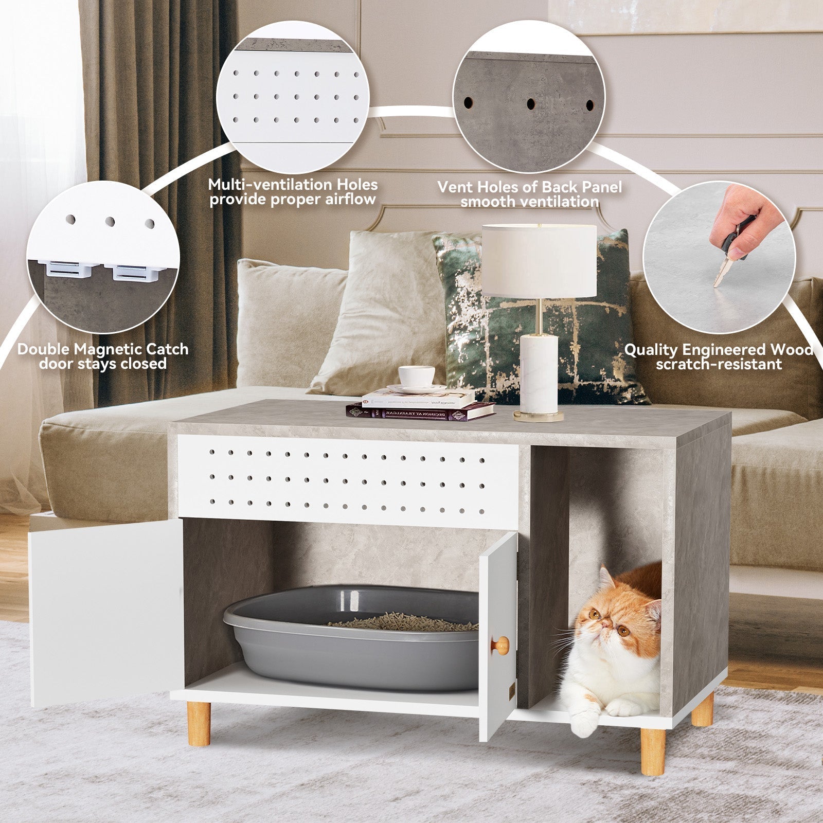 PETSFIT Litter Box Enclosure Stylish Furniture with Odor-Free Design  Storage Cabinet