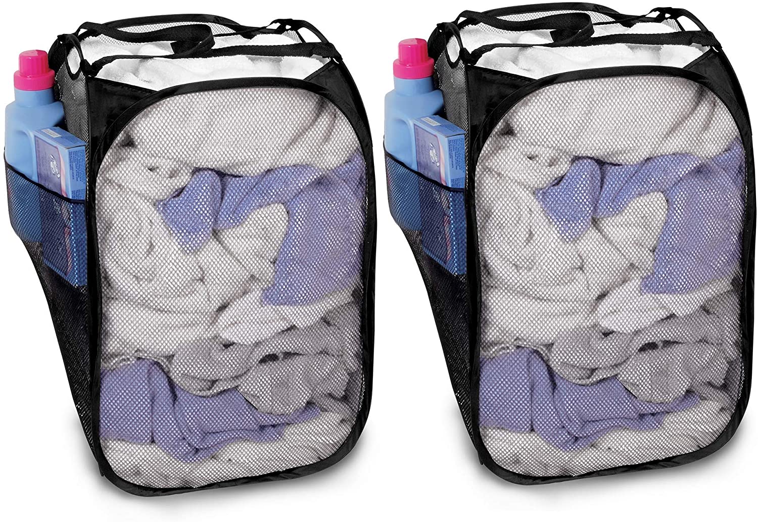 Pop Up Laundry Hamper with Easy Carry Handles and Side Pocket - Set of 2 - Collapsible Design - Holds 2 Loads - 14 x 23 Inch - Black