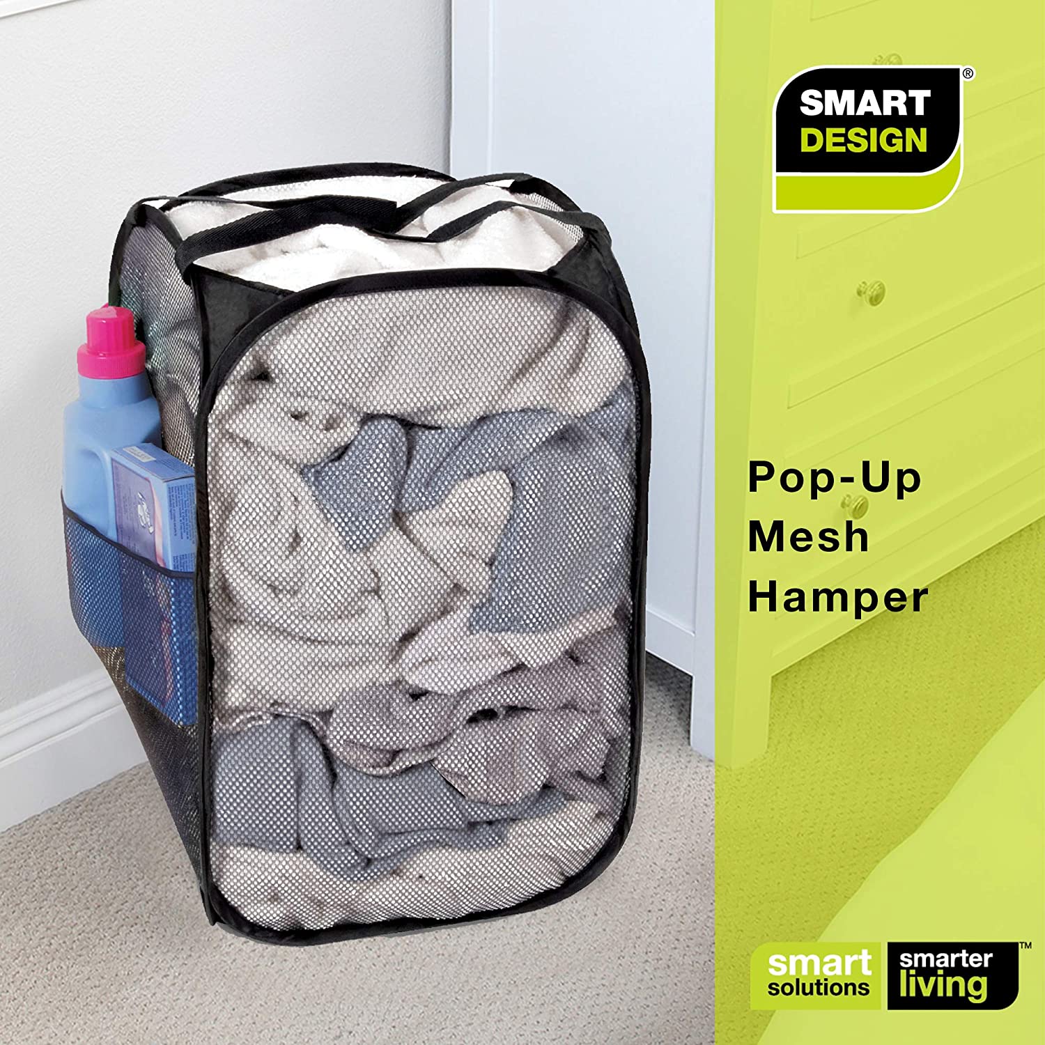 Pop-Up Laundry Hamper with Easy Carry Handles and Side Pocket