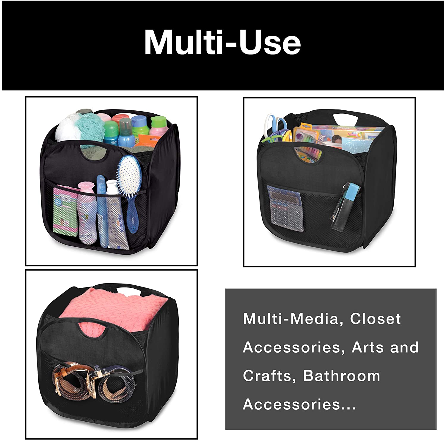 Pop-Up Organizer Cube - Set of 4 - Folds Flat 10.5 x 11 Inch - Black